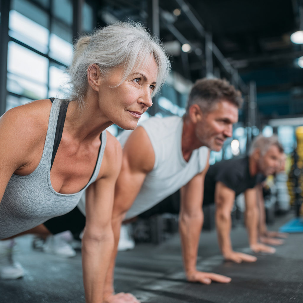 Confident Polish adults of various ages celebrating fitness achievements together in a modern gym
