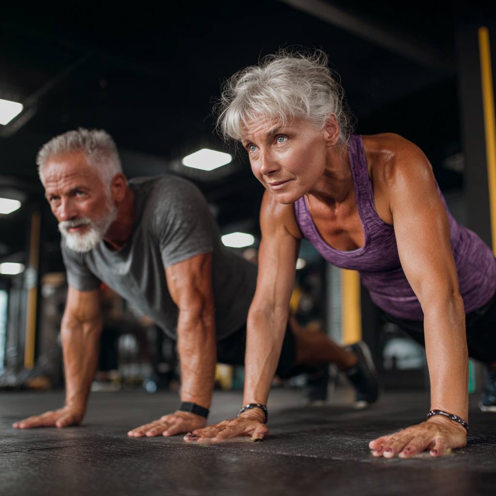 Group of happy Polish adults of various ages showing their fitness progress and celebrating healthy lifestyle achievements